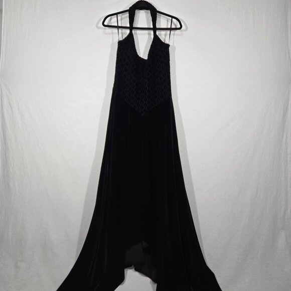 U.S.A Vintage CACHE Dresses & Skirts - U.S.A Vintage CACHE Black VELVET Ruched Halter Flowy Asymmetrical Formal Dress L